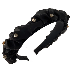Cerchietto nero plissettato stile francese con strass luminosi per un look chic