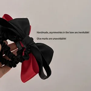 Sweet red and black layered satin bow hair tie scrunchie for women's hairstyles