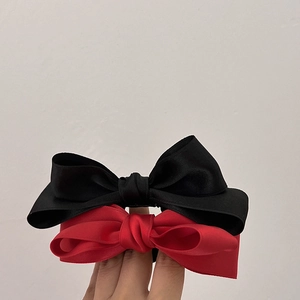 Elegant grosgrain ribbon bow hair ties in black and red for women's high ponytail