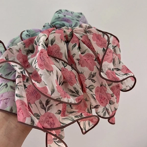 Elegant floral chiffon hair scrunchie with long ribbon bow in vintage rose patterns
