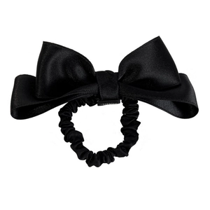 Elegant black satin bow hair tie with glossy finish for sweet princess hairstyle