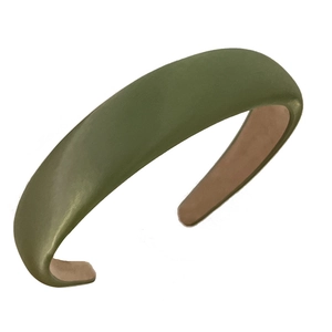 Solid dark green padded sponge headband with glossy satin texture for high skull top
