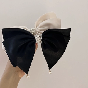 French Elegant Oversized Satin Bow Hair Clip With Faux Artificial Pearl Tassel Dangle Retro Silk Look Spring Clip For Women Jewelry