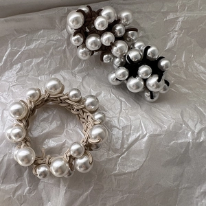 Elegant woven pearl hair ties in beige coffee and black colors for stylish ponytail