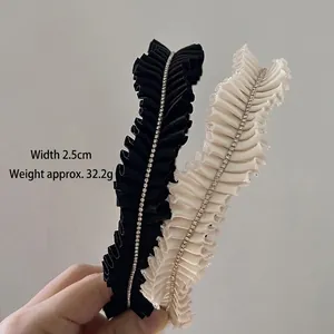 Elegant pleated rhinestone headbands in black and beige, 2.5cm wide stylish hair hoops