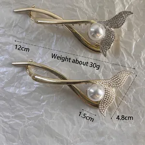Pince à cheveux queue de poisson dorée avec perles et strass brillants pour femmes
