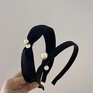 Elegant Black Satin Knot Headband For Women With Faux Artificial Pearls Handmade Vintage Style Hair Hoop Fashion Hair Accessories