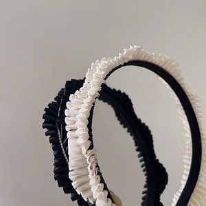 Elegant ruffled satin headband with crystal rhinestones in black and white styles