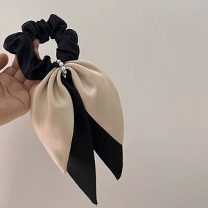 French Satin Bow Scrunchie With Artificial Pearl Elegant Ribbon Hair Tie Contrast Color Elastic Band Women Daily Hair Accessories