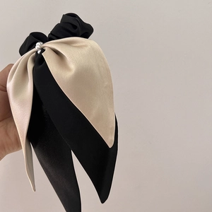 Elegant French satin bow scrunchie with pearls in black and champagne gold