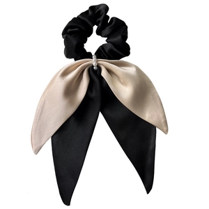 Elegant satin bow scrunchie with pearls in champagne and black for women