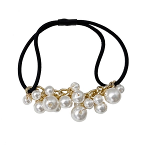 French pearl hair tie with black elastic band and golden chain jewelry accents