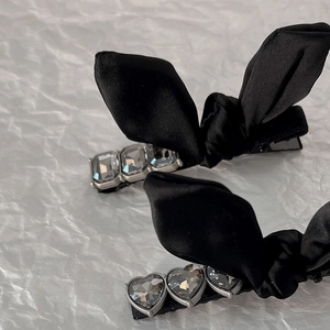 French Retro Black Satin Bow Hair Clip With Heart Rectangle Gray Rhinestones Elegant Crystal Side Clip For Women Hair Accessories
