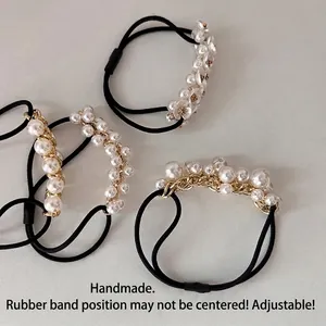 French style pearl hair ties set with black elastic bands and gold metal chains