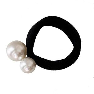 Elastic black hair tie with dual elegant white pearls for stylish hair styling