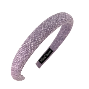Purple tweed sponge headband with woven texture and handmade label for high skull hair style