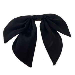 Elegant French style black chiffon oversized bow hair clip with tiered pleats and long tails