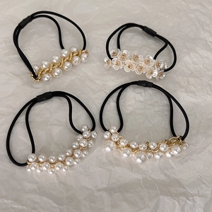French Style Faux Artificial Pearl Hair Ties For Women Black High Elastic Rubber Band Sweet Flower Gold Chain Scrunchies Hair Accessories