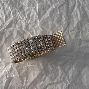 Detail shot of golden rhinestone hair claw with non-slip mesh texture on a white background