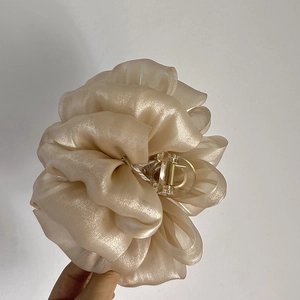 Gros plan sur la pince à cheveux en organza champagne avec ressort en métal doré