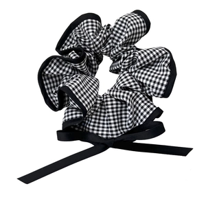 Vintage black and white checkered scrunchie with elegant black ribbon bow accessory