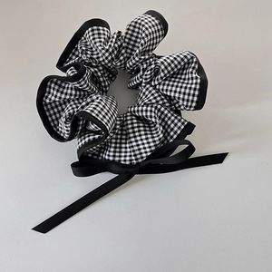 French Vintage Gingham Scrunchies Black White Plaid Hair Ties With Bow Ribbon Cloth Ponytail Holder For Women Accessories