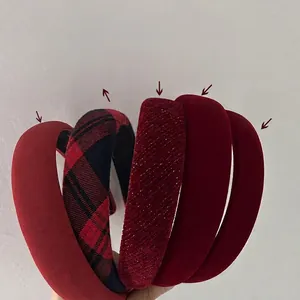 Elegant wine red velvet and plaid headbands set for a French vintage high-skull look