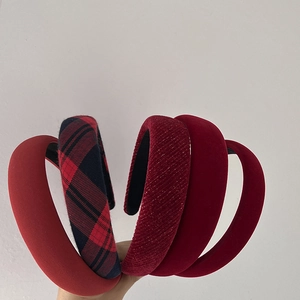 French Vintage Wine Red Velvet Padded Headband For Women Plaid Shiny Fabric High Top Hair Hoop Accessories