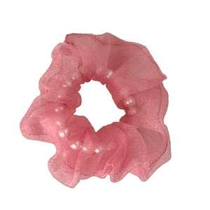 Chouchou en tulle rose avec perles blanches pour enfants, accessoire cheveux doux pour filles