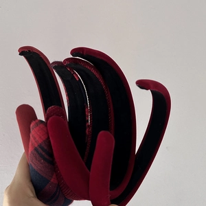 Elegant wine red velvet and plaid wide headbands for women in a set of four pieces