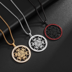 Vintage 304 Stainless Steel Metatrons Cube Pendant Necklace For Women Men Pave Rhinestone Sacred Geometry Hollow Out Jewelry Gift