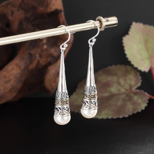 Vintage Artificial Pearl Drop Earrings Bohemian Hollow Carved Copper With 925 Sterling Silver Earring Post Women Wedding Jewelry