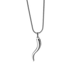Polished silver corn icello pepper pendant necklace with stainless steel link chain