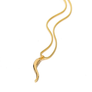 Gold Italian horn pendant necklace with high-quality box chain on a clean white background
