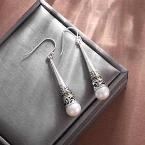 Vintage S925 sterling silver long drop earrings with crown pearls and hollow carvings