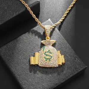 Hip hop χρυσό μενταγιόν τσάντα χρημάτων με πράσινο σύμβολο δολαρίου και κρύσταλλα
