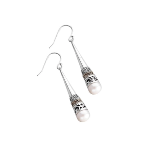 Elegant vintage crown pearl drop earrings with hollow metal filigree and white pearls