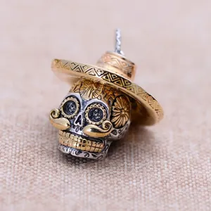 Retro punk Mexican skull pendant with gold sombrero hat in dual-tone stainless steel