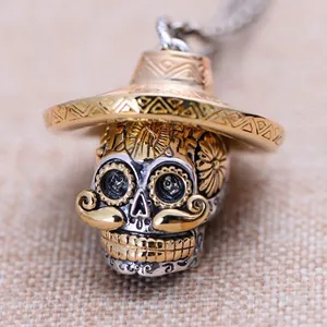 Macro shot of a vintage punk skull pendant wearing a detailed Mexican sombrero hat