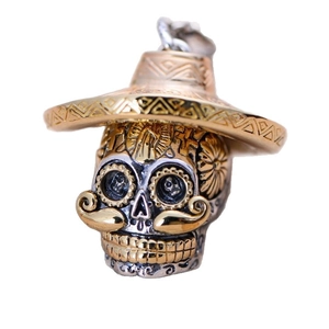 Gothic punk skull pendant with wide sombrero hat and golden mustache in dual metal tones