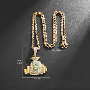 Hip hop κολιέ πουγκί με πράσινο σύμβολο δολαρίου και λαμπερά στρας στο μενταγιόν