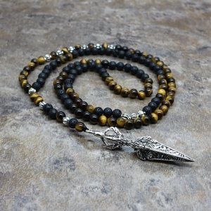 Collier Perles Vintage Pour Homme En Oeil De Tigre Et Pierre De Lave Avec Pendentif Vajra Phurba En Alliage Bijoux Religieux