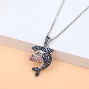 Hip hop shark pendant necklace with blue cubic zirconia and silver twisted chain