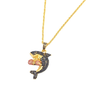 Hip hop shark pendant necklace with blue cubic zirconia and gold twisted rope chain