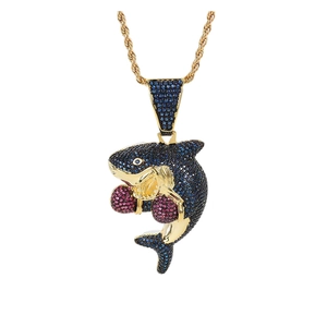 Hip hop shark pendant necklace with boxing gloves and blue pink cubic zirconia