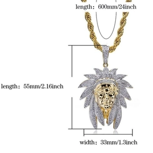 Iced out hip hop Indian chief head pendant with 24 inch gold twist chain for men