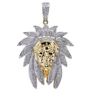 Detailed macro view of Iced Out Indian Chief pendant with white crystal rhinestones