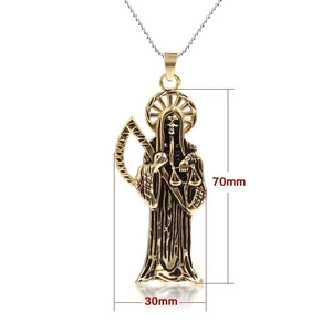 Collier pendentif Santa Muerte squelette doré rétro pour hommes et femmes, 70mm