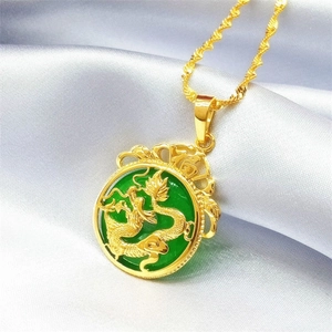 Vintage Gold Plated Dragon Pendant Necklace With Green Inlay And Fu Character Charm Chinese Style Jewelry For Women Gift