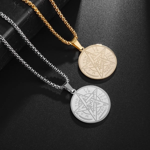 Polished stainless steel pentagram necklaces in gold and silver on black leather